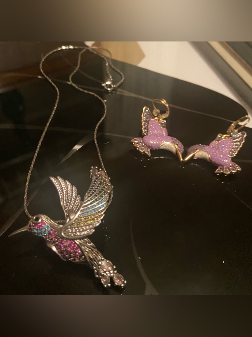 925 Hummingbird Pendant Necklace in Multicolor - with Stainless Chain and KF Ear